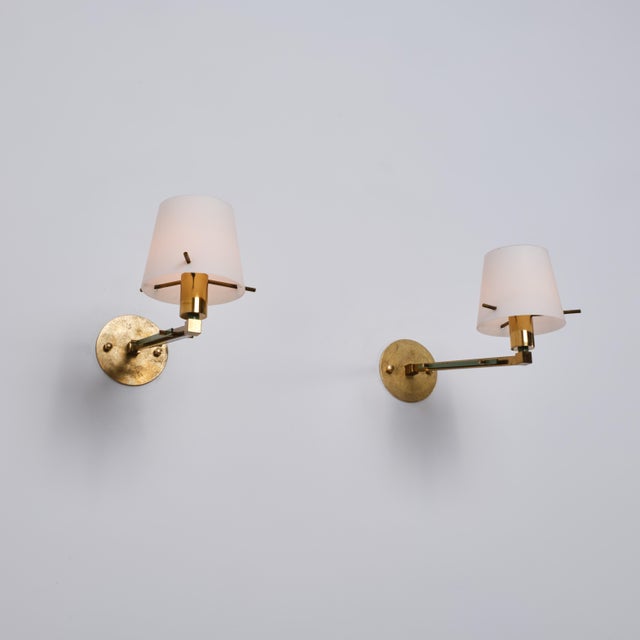 Italian Brass, Green Metal and Opaline Glass Wall Sconces, 1950s, Set of 2 For Sale - Image 6 of 14