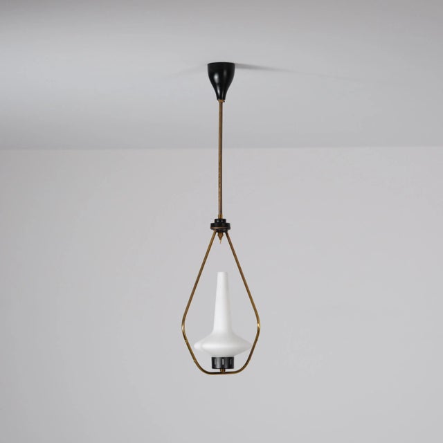 Brass and Iron Pendant with Opaline Glass Shade, 1950s For Sale - Image 10 of 10