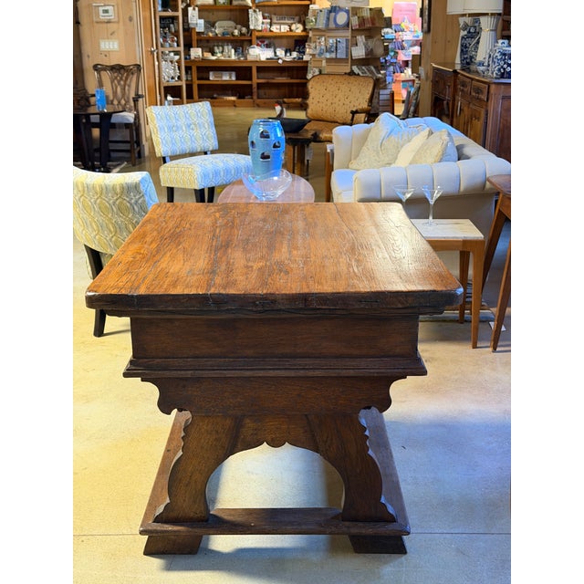 Rustic European Antique 19th Century European Oak Box Table With Trestle Base and Sliding Storage Compartment For Sale - Image 3 of 10