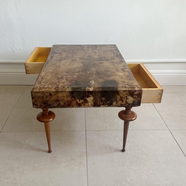 Goatskin coffee table by Aldo Tura, Italy 1970s. This coffee table is a rare example of Tura's works because of the wood...