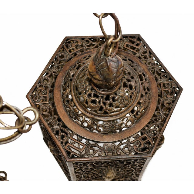 Antique Indian Goddess Pendant Light Lantern Copper Brass Filigree For Sale - Image 12 of 14