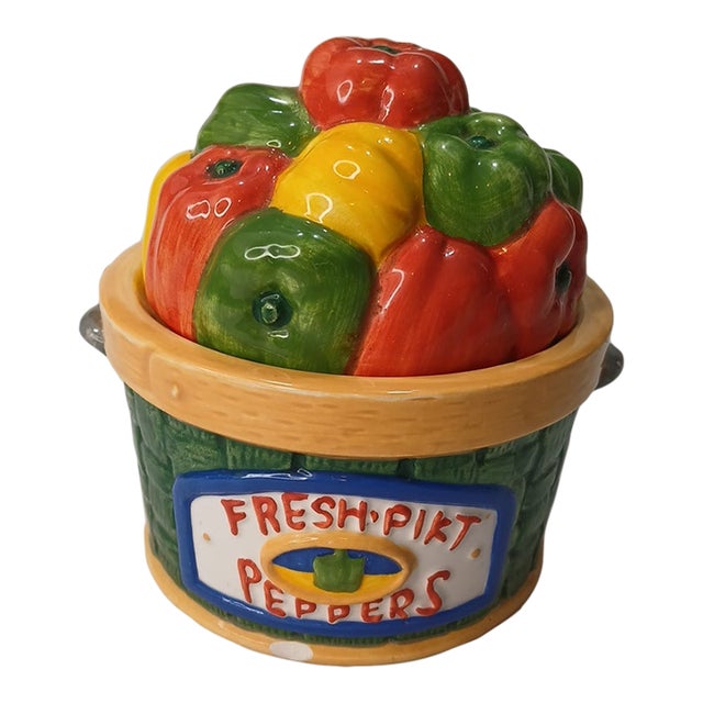 Vintage Cooks Club Ceramic Salt & Pepper Shakers Fresh Pikt Peppers Basket Green Red For Sale