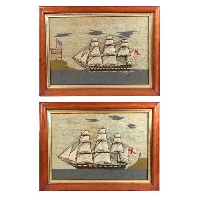Wood Pair of Royal Navy Sailor’s Woolworks by the Same Hand With Trapunto Sails For Sale - Image 7 of 18