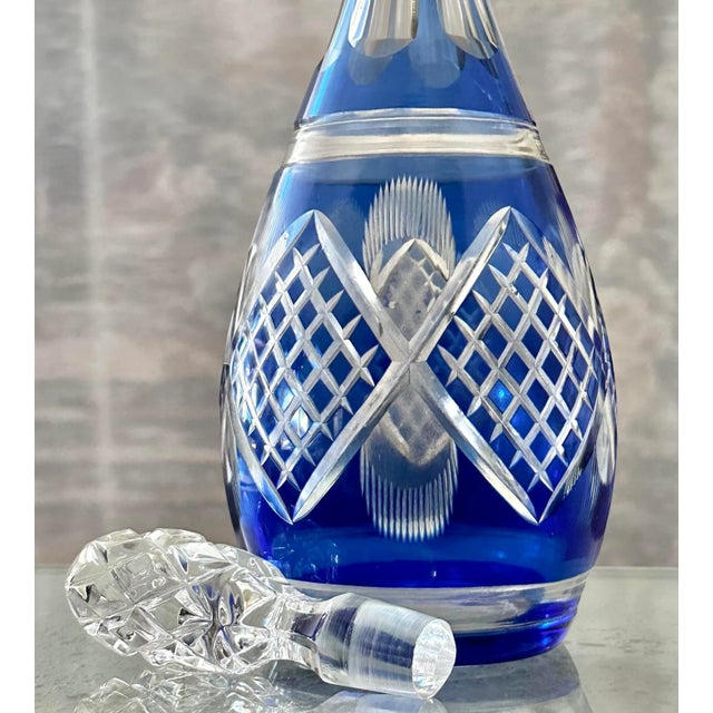 Traditional Vintage Cobalt Blue Bohemian Styled Decanter Cut to Clear For Sale - Image 3 of 12