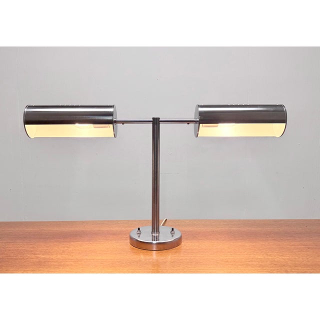 1960’s Mid Century Modern Greta Von Nessen Two-Arm Desk Lamp in Brushed Steel For Sale - Image 9 of 12