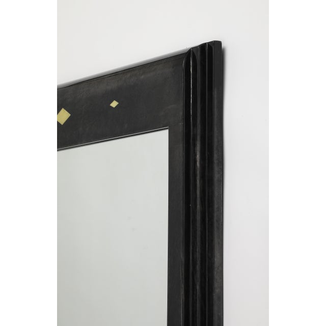 Late 20th Century Karl Springer Style Black Goat Skin Wall Mirror With Gold Leaf Accents For Sale - Image 5 of 16
