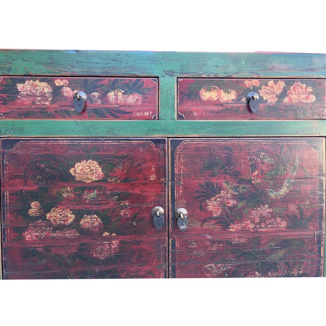 Vintage Distressed Rich Green Red Floral Graphic Credenza Sideboard Cabinet For Sale - Image 9 of 9
