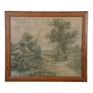 Early 20th Century Octavius Thomas Clark by a Country Lane Farmhouse Lithograph Print 27", Framed