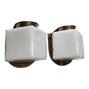 Pair Vintage Art Deco Wall Sconces Fixture Brass & Cube Milk Glass Shade