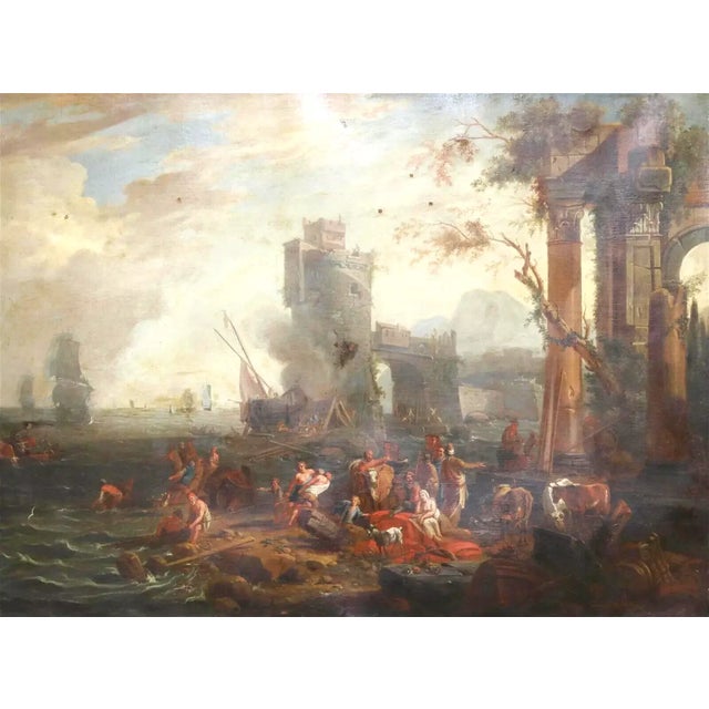 Handsome Antique Painting, Oil on Canvas, "Capriccio Of A Harbor", Framed, Signed, 18th C, 1700s!! Handsome Antique...