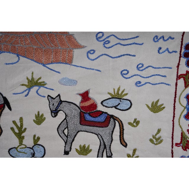 Boho Suzani Table Runner – Camel Caravan Embroidery – Central Asian Folk Art Textile for Rustic & Eclectic Interiors 1'7'' X 6'2'' For Sale - Image 9 of 11