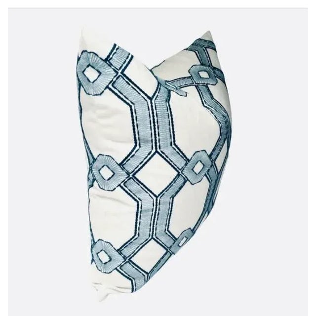 Embroidered geometric lattice pattern, pale blue with navy blue outline, background is off white. Mediume weight,...