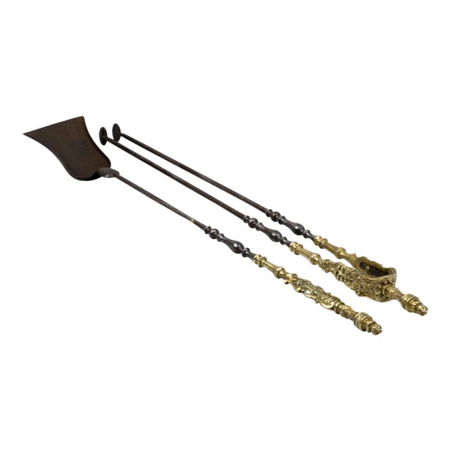 Antique French Steel and Cast Brass Fire Tools, Circa 1850 For Sale