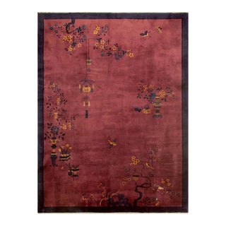 1920s Raspebery Pink Open Field Floral Antique Chinese Art Deco Room Size Rug For Sale