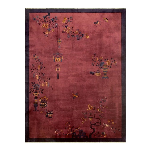 1920s Raspebery Pink Open Field Floral Antique Chinese Art Deco Room Size Rug For Sale