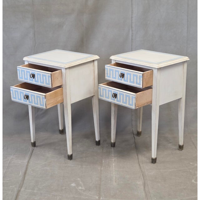 French Vintage Mahogany Nightstands With Handpainted Greek Key Motif - A Pair For Sale - Image 3 of 15