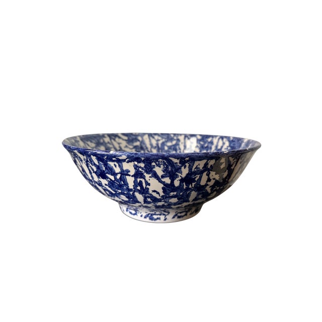 Vintage Italian Stoviglierie Hand-Painted Blue & White Spongeware Ceramic Serving Bowl For Sale - Image 6 of 9