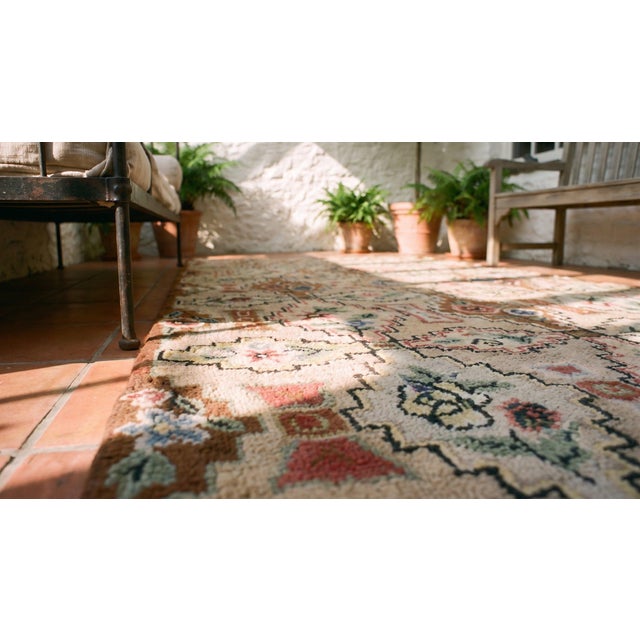 Wonderful Beige Background With Geometric Shapes and Floral Design Antique American Hooked Rug For Sale - Image 14 of 14