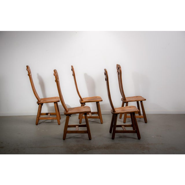 1970s Vintage Brutalist Dinning Chairs in Oak from De Puydt, 1970, Set of 5 For Sale - Image 5 of 12