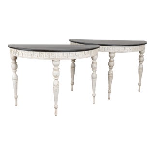 Pair, 19th Century Swedish Gustavian White Demi Lune Console Tables For Sale