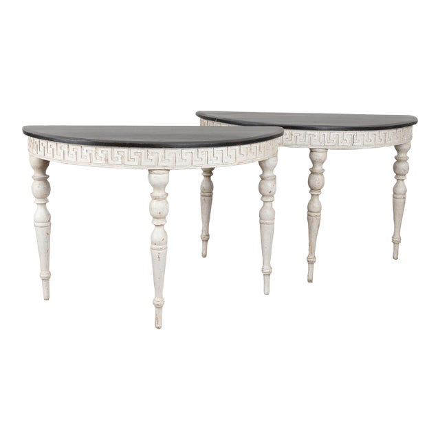 Pair, 19th Century Swedish Gustavian White Demi Lune Console Tables For Sale