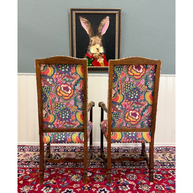 Antique Pair of Catalan Style Carved Oak Recently Upholstered Armchairs C. 1920s For Sale - Image 18 of 18