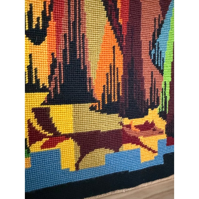 French Cubist Needlepoint Pine Frame Saisons 1970s Handmade "Les Quatre Saisons" For Sale - Image 15 of 17