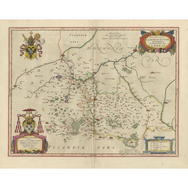 Map of Cambrai & Artois with Heraldic Cartouches from Blaeu, 1642 For Sale - Image 3 of 11