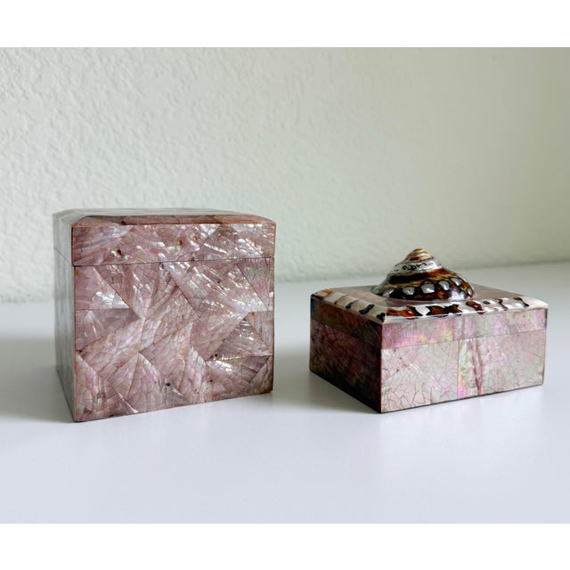 Vintage late 20th-century penshell box set attributed to luxury department store Gumps in San Francisco. The smaller box...