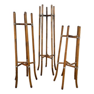 1970's McGuire Bamboo and Rawhide Leather-Wrapped Planter Stands - Set of 3 For Sale