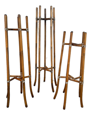 1970's McGuire Bamboo and Rawhide Leather-Wrapped Planter Stands - Set of 3