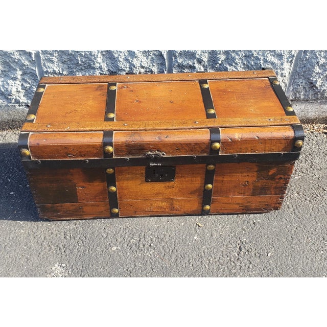 Early American Pine, Iron and Brass Map or Utility Chest with leather handles. Nice and rich patina. Lock not functional.
