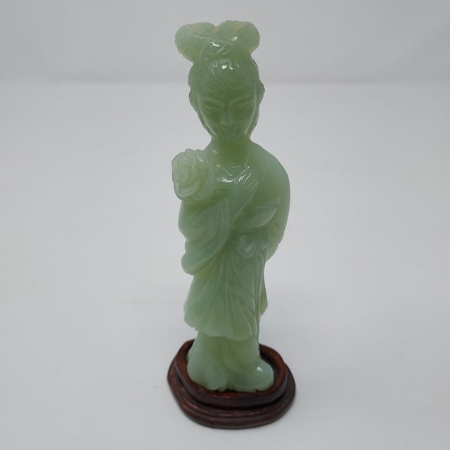 Jade Late 20th Century Chinese Carved Jade Goddess Figure Holding a Lotus Flower on Wood Base 6" Tall For Sale - Image 8 of 10