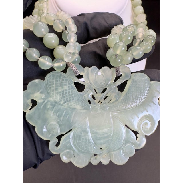 1970s Chinese Export Jadeite Moth Pendant Multi Strand Beaded Necklace For Sale - Image 9 of 17