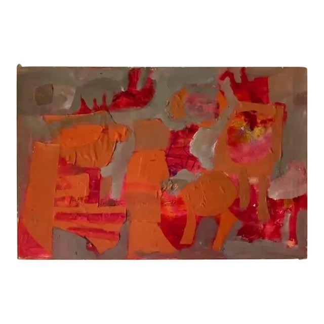 Vintage Abstract Expressionist Orange & Red Mixed Media Painting For Sale
