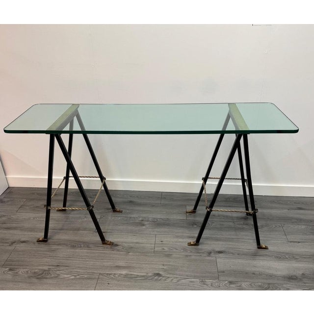 Metal Iron and Brass Trestle Console with Glass Top, 1950s For Sale - Image 7 of 14
