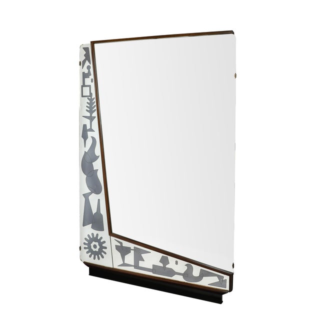 Mid-Century Modern Mid-Century Reversed Etched & Smoked Wall Mirror With Sculptural Walnut Lining For Sale - Image 3 of 12