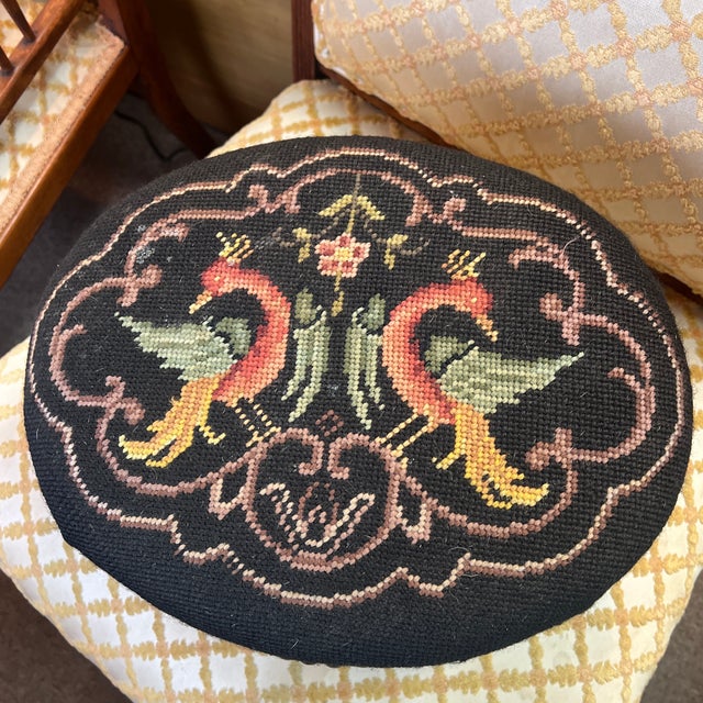 Victorian French Needlepoint 19th Century Footstool Rare Phoenix Bird Motif For Sale - Image 3 of 9