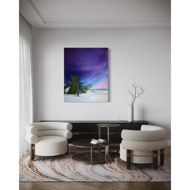 Paint "Tulum" by Javiera Da Fonseca Ilić, Tulum Mexico Tropical Coast, Dreamy Palm Tree Purple Sky, Caribbean Bohemian Landscape, Original Oil Painting For Sale - Image 7 of 9