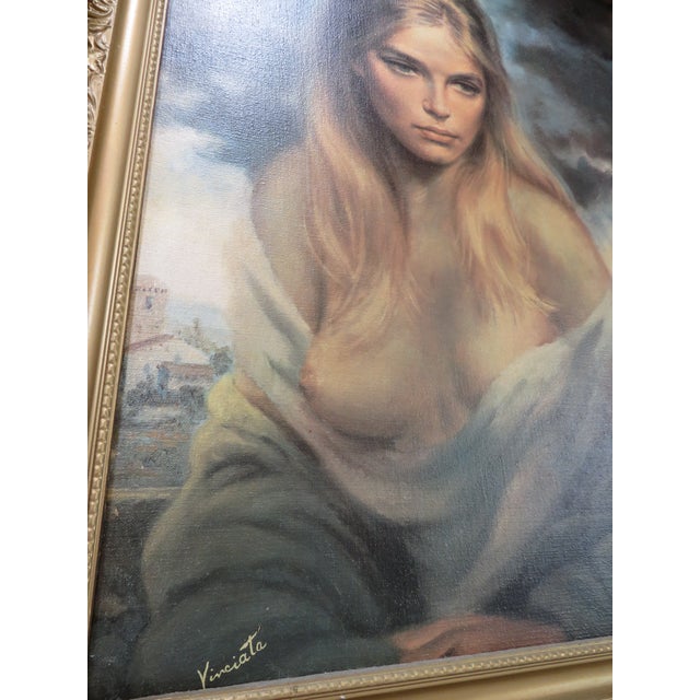 Wood Vintage Girl of Valdarno by Vinciata on Canvas Gold Frame Mid Century Art Print For Sale - Image 7 of 9