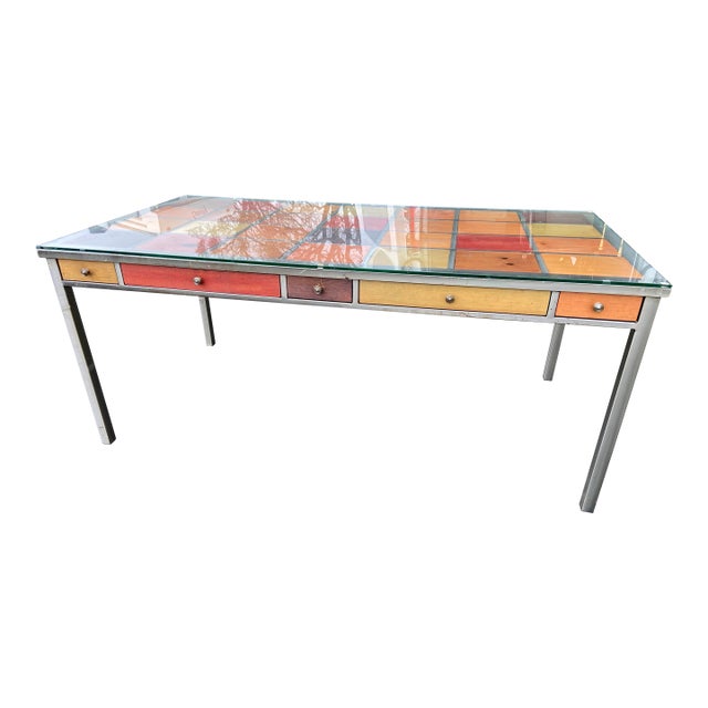 Venezia Furniture Modern Brushed Steel Table Partners Desk With Wooden Squares Tiles and Glass Top For Sale