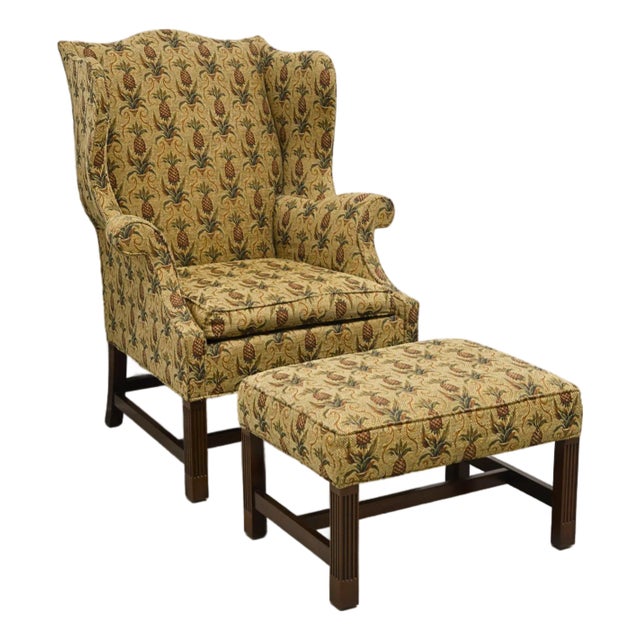 Southwood Mahogany Frame Chippendale Pineapple Fabric Wing Back Chair W/ Ottoman For Sale