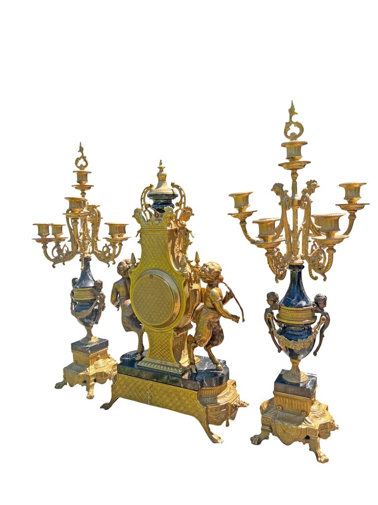 Imperial Brevettato Italian Bronze & Marble Candelabras & Mantle