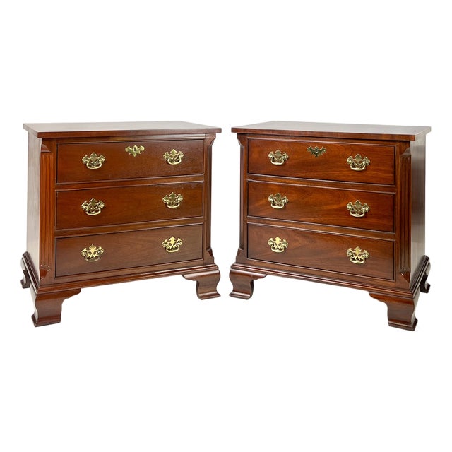 Late 20th Century Baker Furniture Chippendale Style Mahogany 3-Drawer Nightstands - A Pair For Sale
