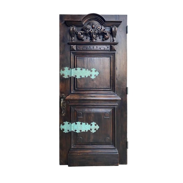 Carved Walnut Entry Door With Bronze Strap Hinges For Sale In New York - Image 6 of 6
