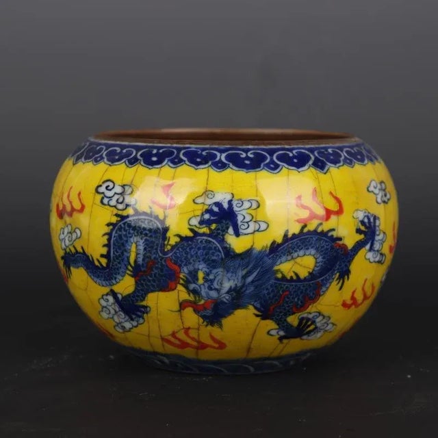 Early 20th Century Chinese Vintage Ceramic Pot,Old Porcelain Factory Blue and White Famille Verte Porcelain Brush Washer Hand Painted Cloud and Dragon Pattern For Sale - Image 5 of 6