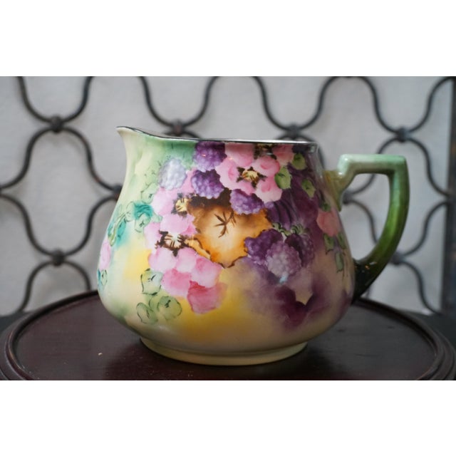 Art Nouveau Antique William Guérin & Co. Limoges Hand-Painted Blackberry & Blossom Porcelain Pitcher, France, C. 1900–1910 For Sale - Image 3 of 8