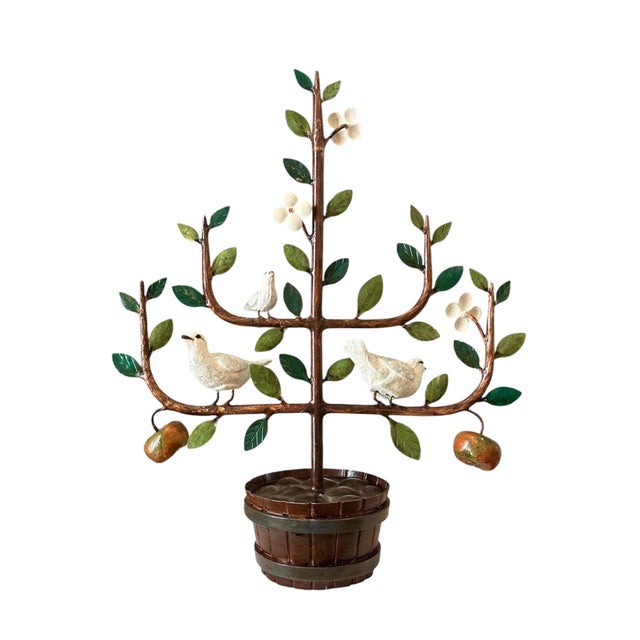 Hollywood Regency Vintage Italian Tole Espalier / Espaliered Tree Sculpture, Fruit Tree, Birds, Blossoms, & Apples, Manner of Mottahedeh For Sale - Image 3 of 9