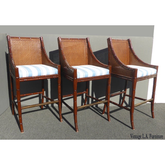 Vintage Palecek Faux Bamboo Rattan Style Cane Back Bar Stools Set of