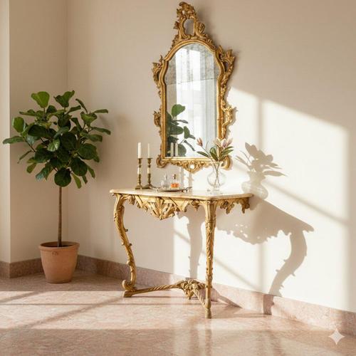 Carved and gilded fir console table. Faux marble top with considerable missing finishes. Two curved legs carved with...